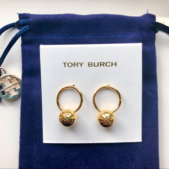 Tory Burch Jewelry - NEW Tory Burch Gold Logo Bead Hoop Drop Earrings